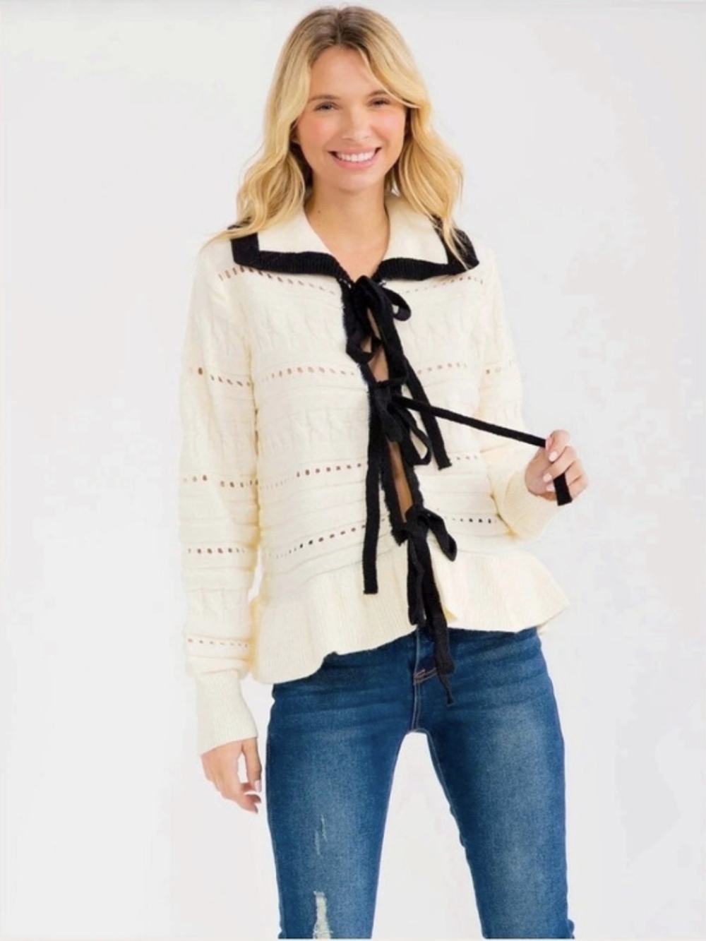 In The Beginning- Tie Front Knit Cardigan Cream Black Size Small